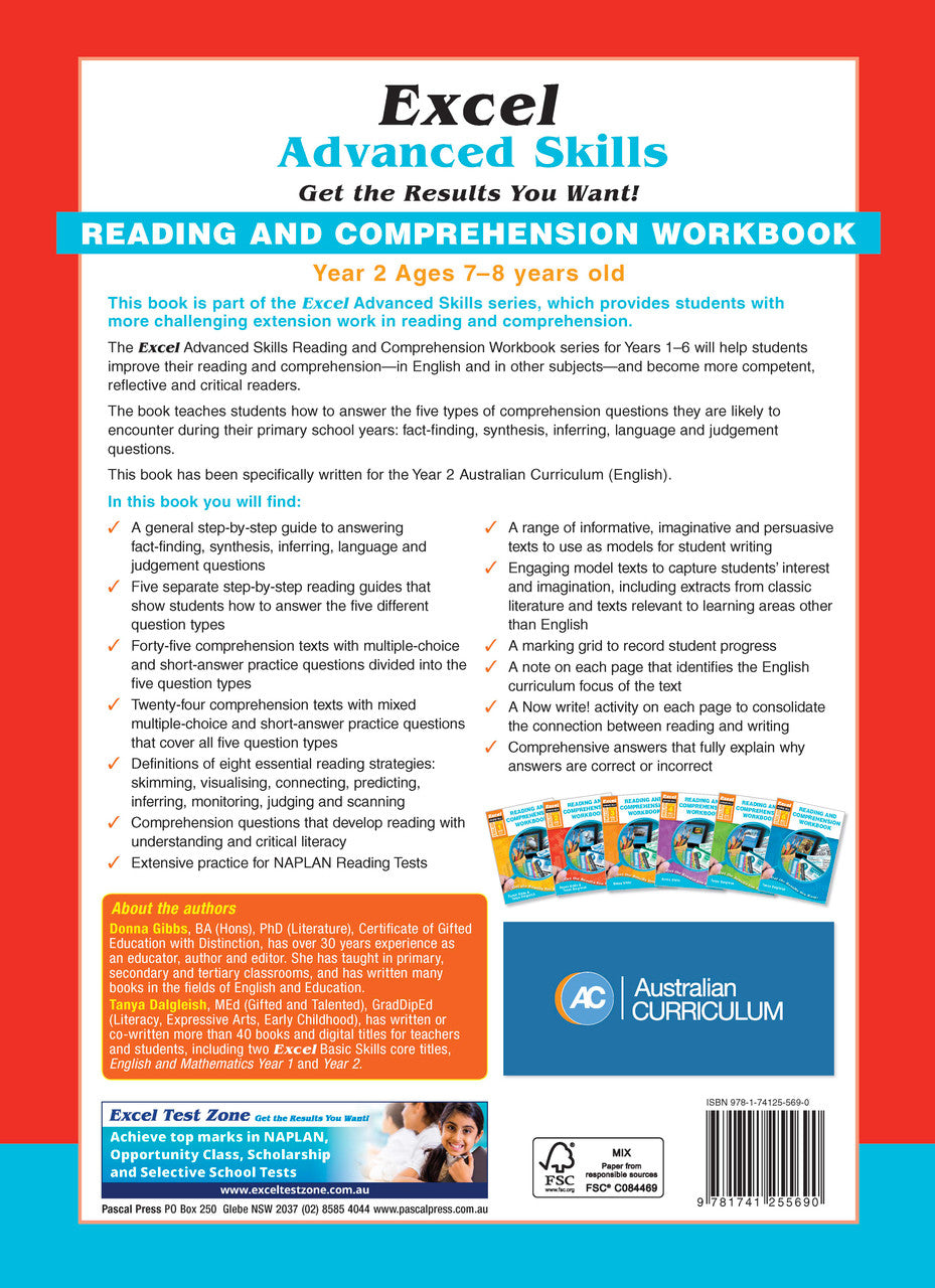 Back cover of Excel Advanced Skills Reading and Comprehension Workbook Year 2 showing the publisher's summary of the book and the Excel Advanced Skills series