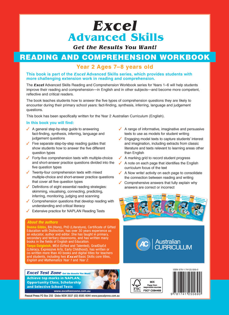 Back cover of Excel Advanced Skills Reading and Comprehension Workbook Year 2 showing the publisher's summary of the book and the Excel Advanced Skills series