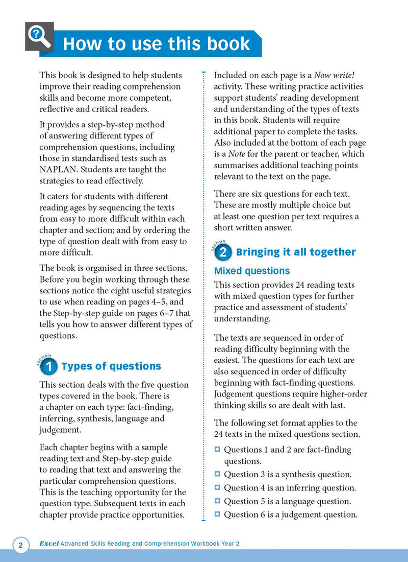 Sample interior page from Excel Advanced Skills Reading and Comprehension Workbook Year 2 showing practice activities and exercises for students