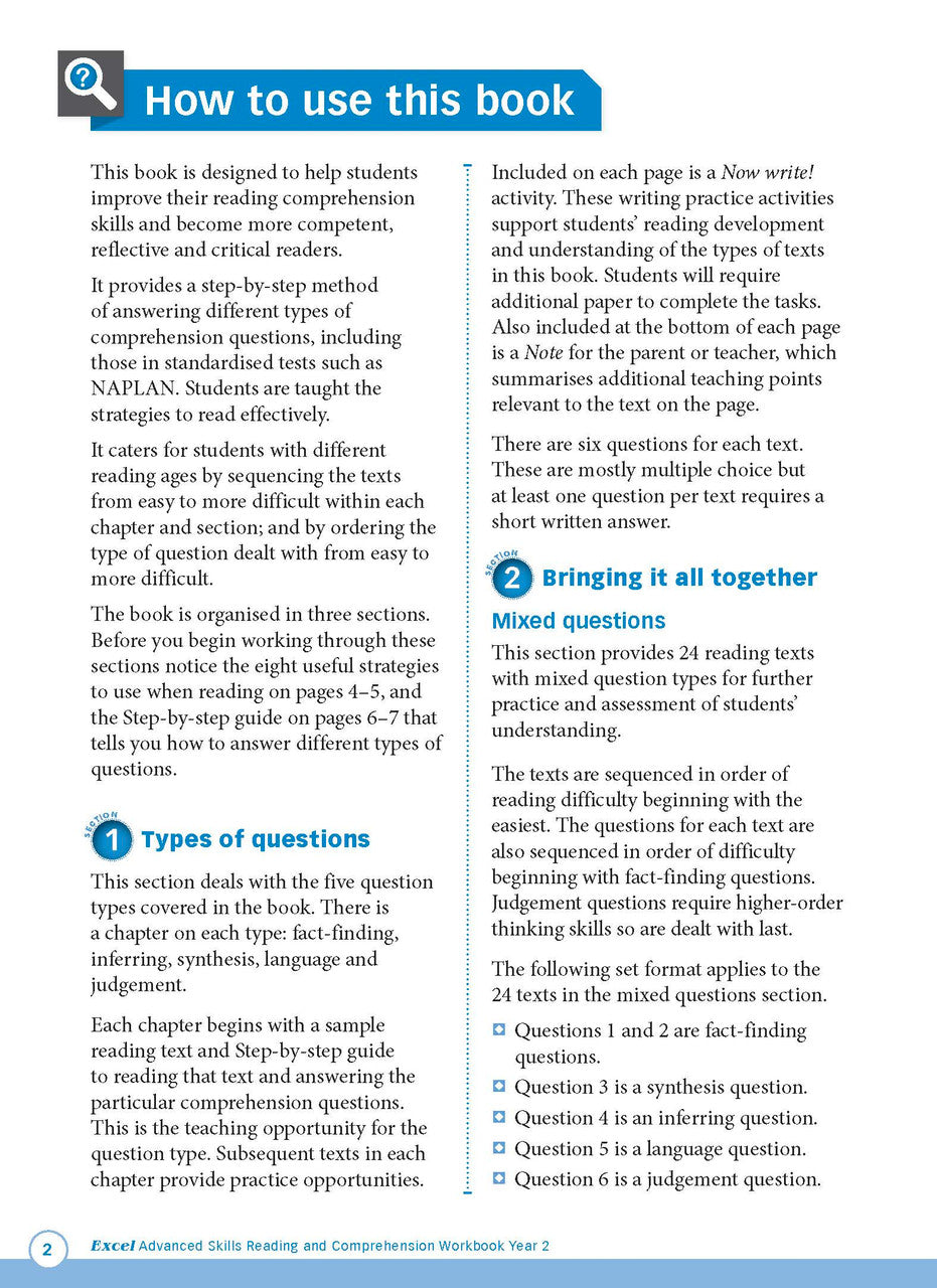 Sample interior page from Excel Advanced Skills Reading and Comprehension Workbook Year 2 showing practice activities and exercises for students