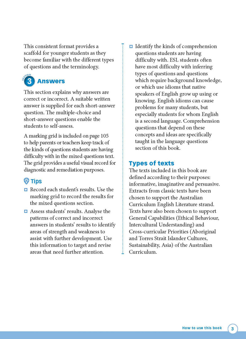 Sample interior page from Excel Advanced Skills Reading and Comprehension Workbook Year 2 showing practice activities and exercises for students