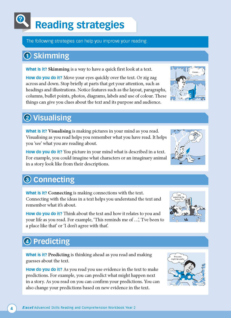 Sample interior page from Excel Advanced Skills Reading and Comprehension Workbook Year 2 showing practice activities and exercises for students