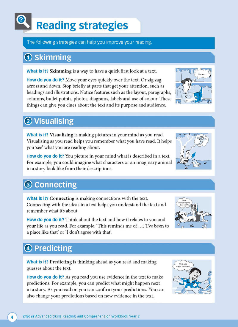 Sample interior page from Excel Advanced Skills Reading and Comprehension Workbook Year 2 showing practice activities and exercises for students