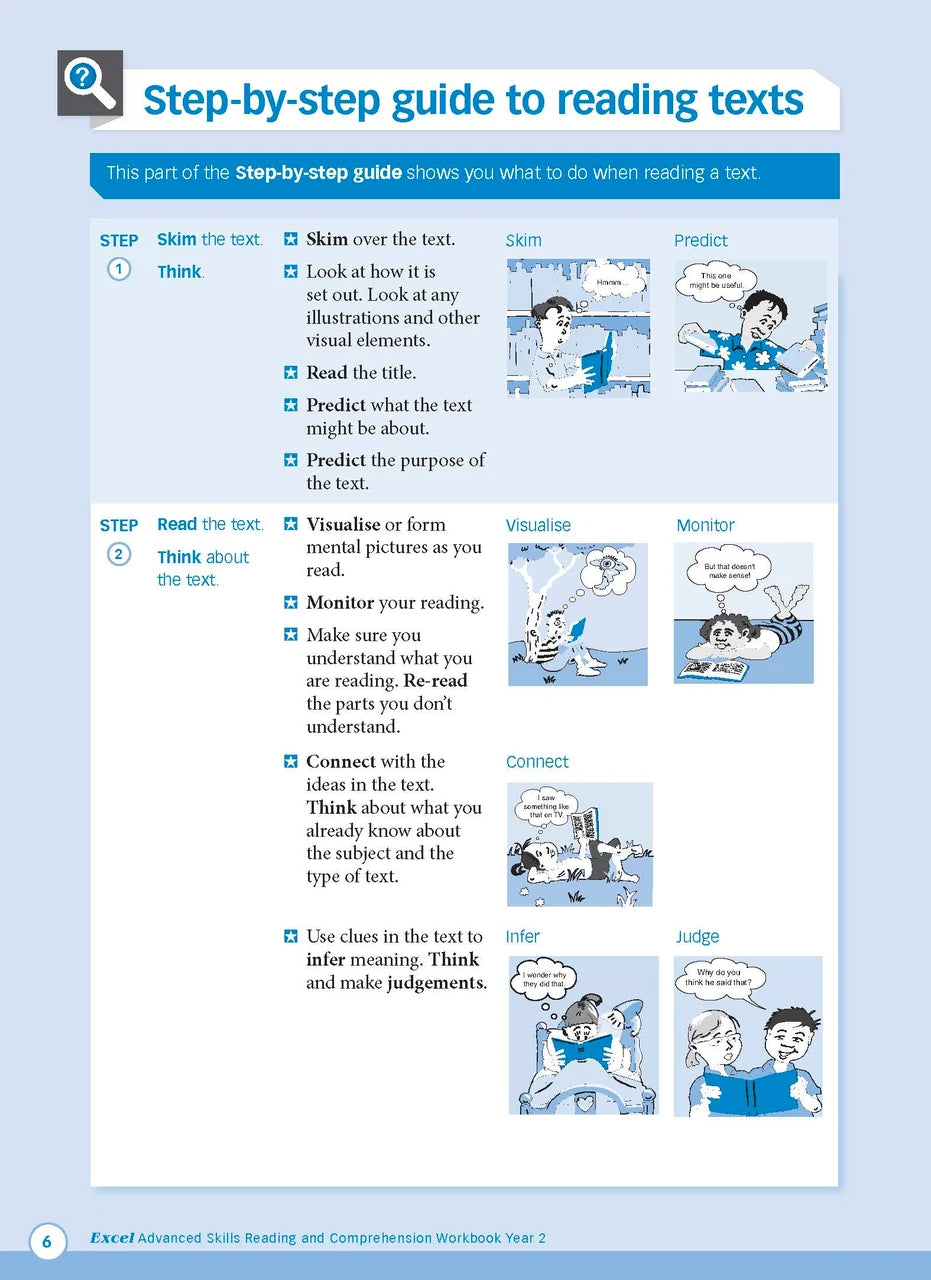 Sample interior page from Excel Advanced Skills Reading and Comprehension Workbook Year 2 showing practice activities and exercises for students