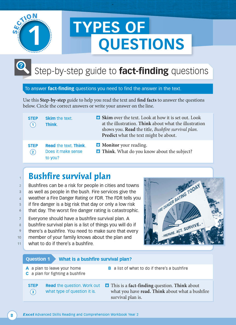 Sample interior page from Excel Advanced Skills Reading and Comprehension Workbook Year 2 showing practice activities and exercises for students