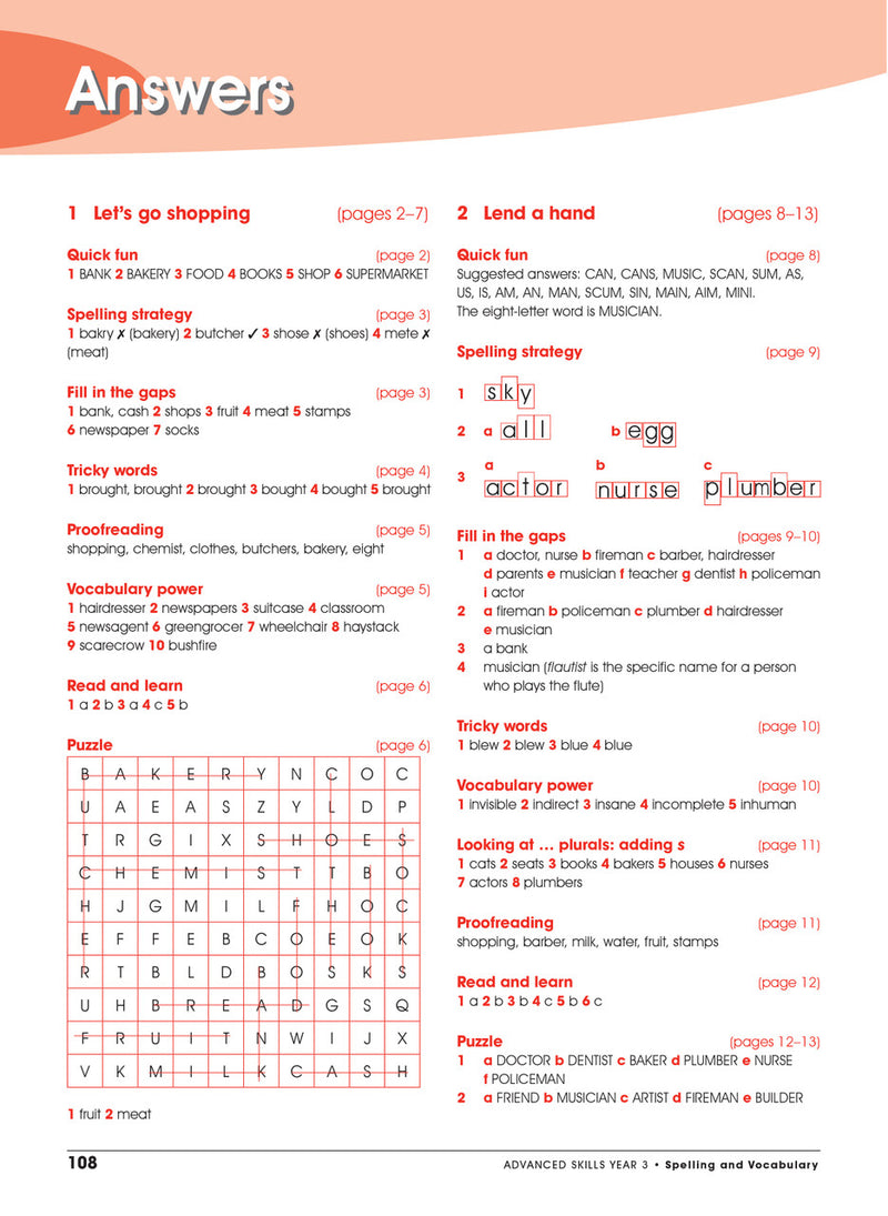 Sample interior page from Excel Advanced Skills Spelling and Vocabulary Workbook Year 3 showing practice activities and exercises for students