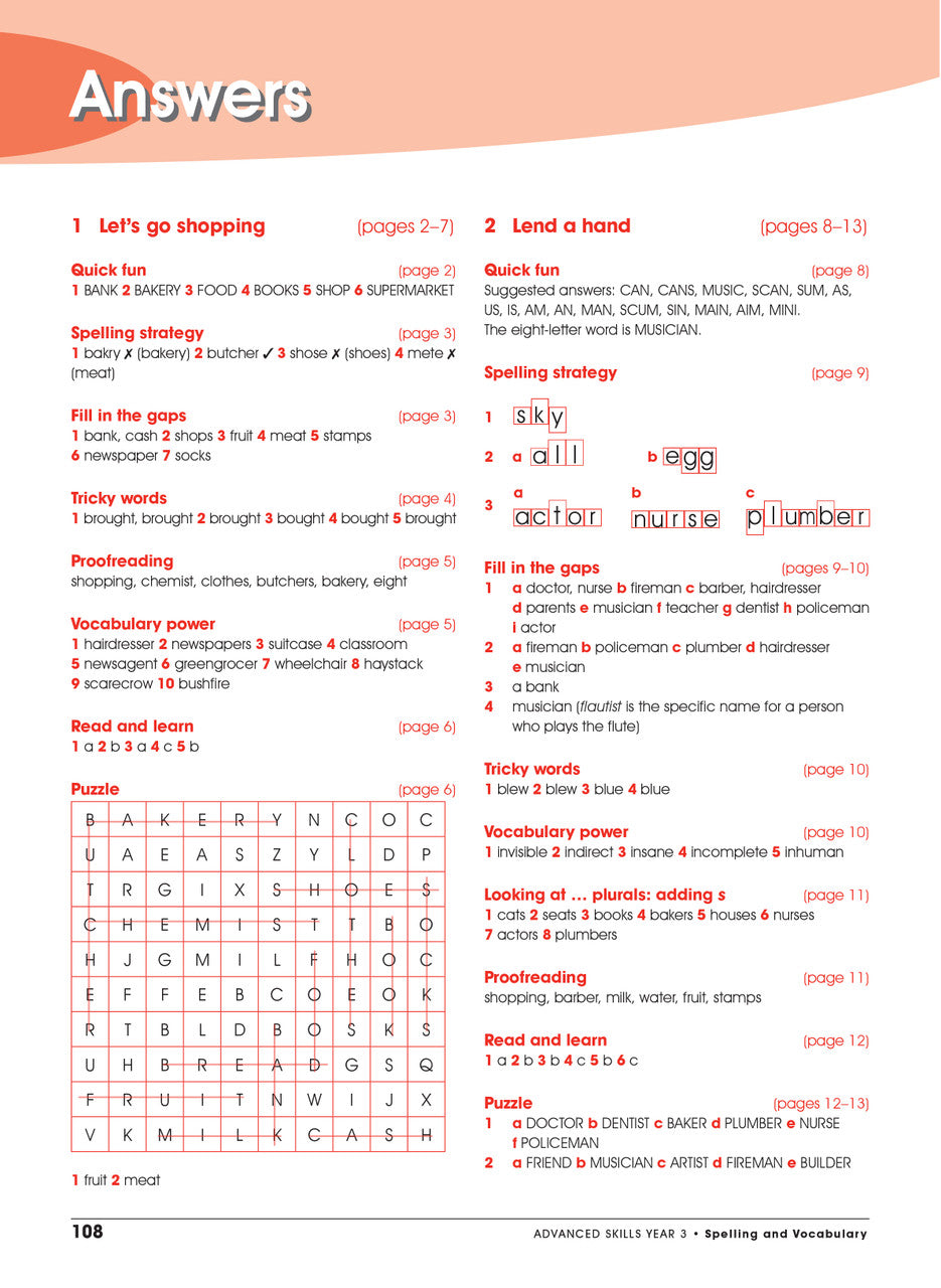 Sample interior page from Excel Advanced Skills Spelling and Vocabulary Workbook Year 3 showing practice activities and exercises for students