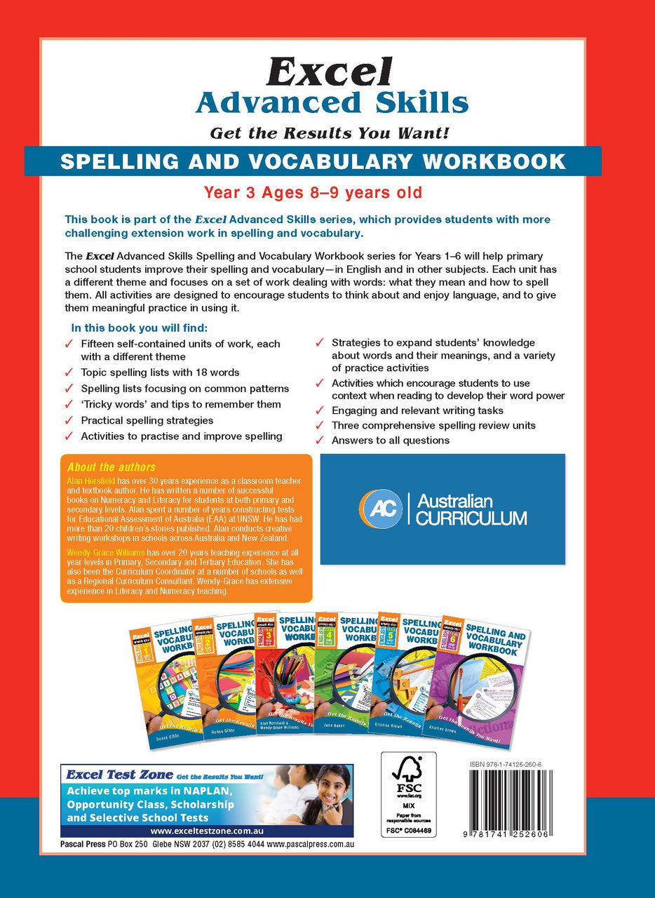 Back cover of Excel Advanced Skills Spelling and Vocabulary Workbook Year 3 showing the publisher's summary of the book and the Excel Advanced Skills series