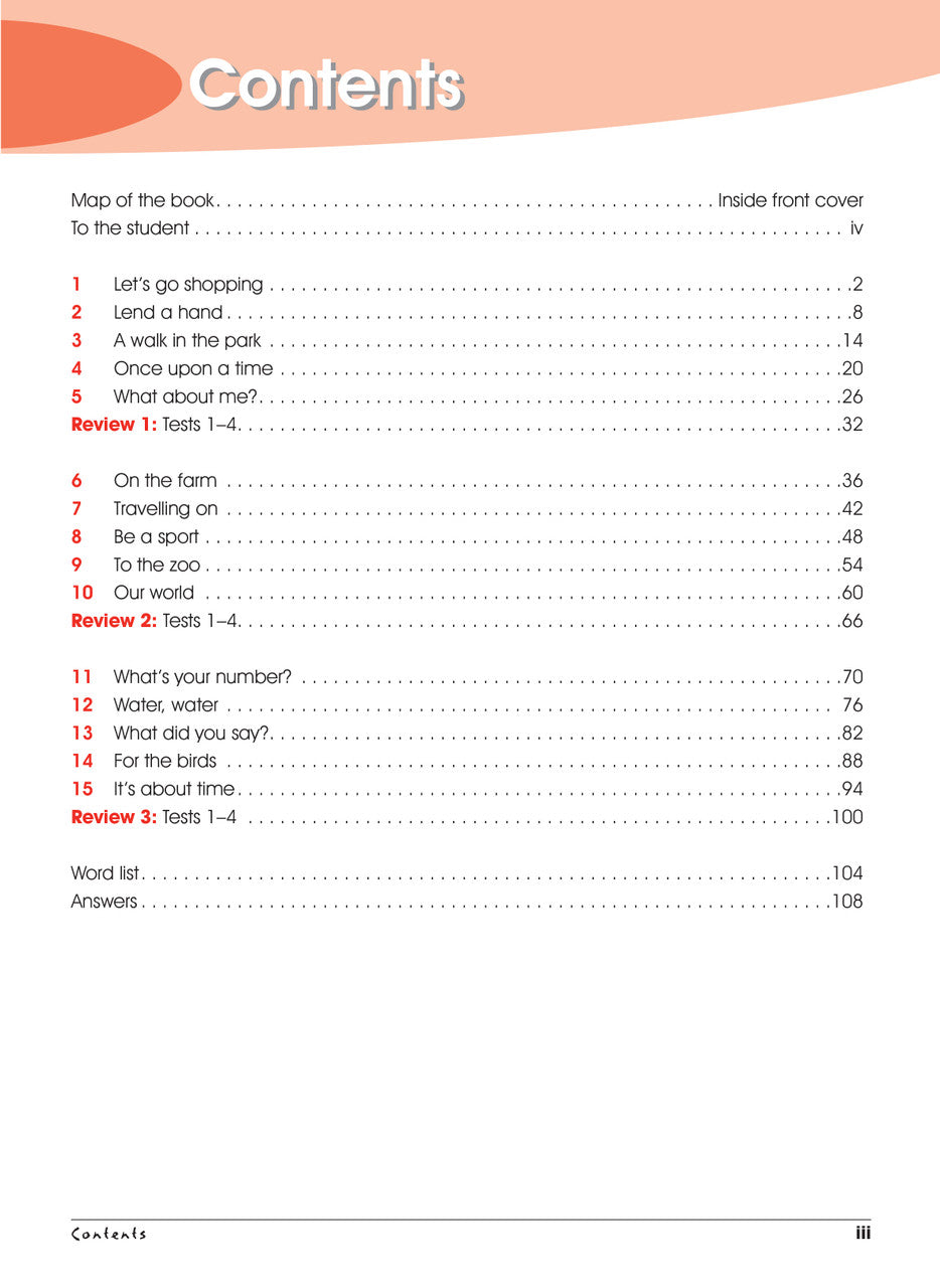 Contents page from Excel Advanced Skills Spelling and Vocabulary Workbook Year 3 listing the units and sections of the workbook