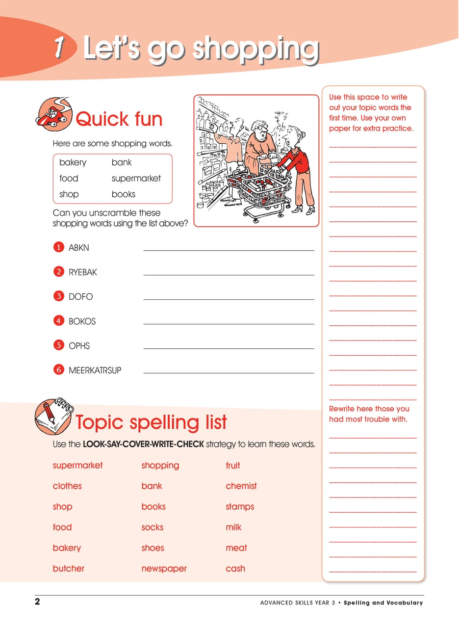 Sample interior page from Excel Advanced Skills Spelling and Vocabulary Workbook Year 3 showing practice activities and exercises for students