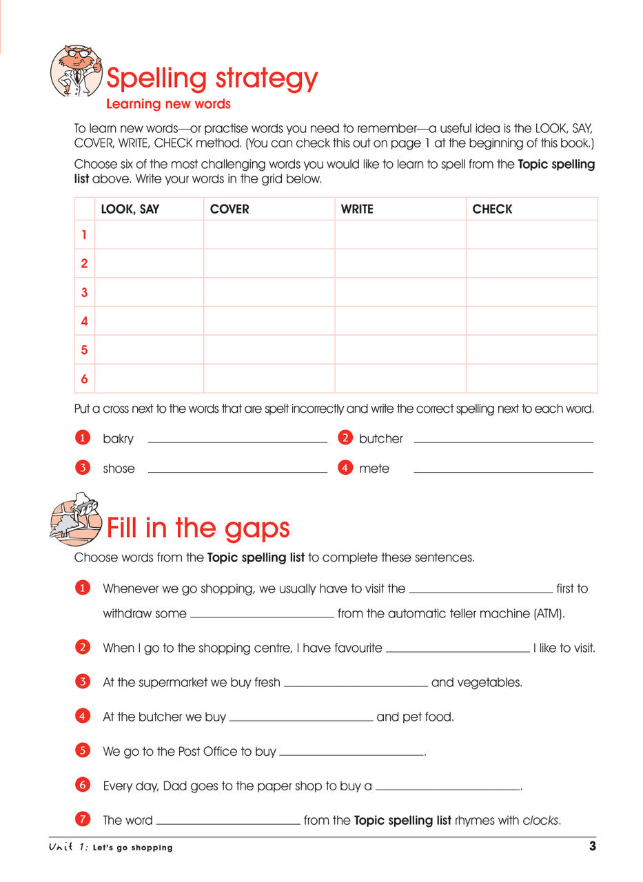 Sample interior page from Excel Advanced Skills Spelling and Vocabulary Workbook Year 3 showing practice activities and exercises for students
