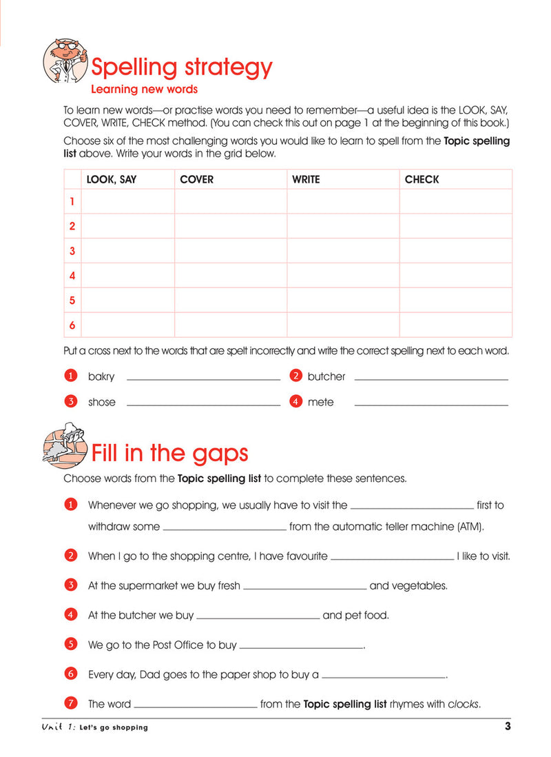 Sample interior page from Excel Advanced Skills Spelling and Vocabulary Workbook Year 3 showing practice activities and exercises for students