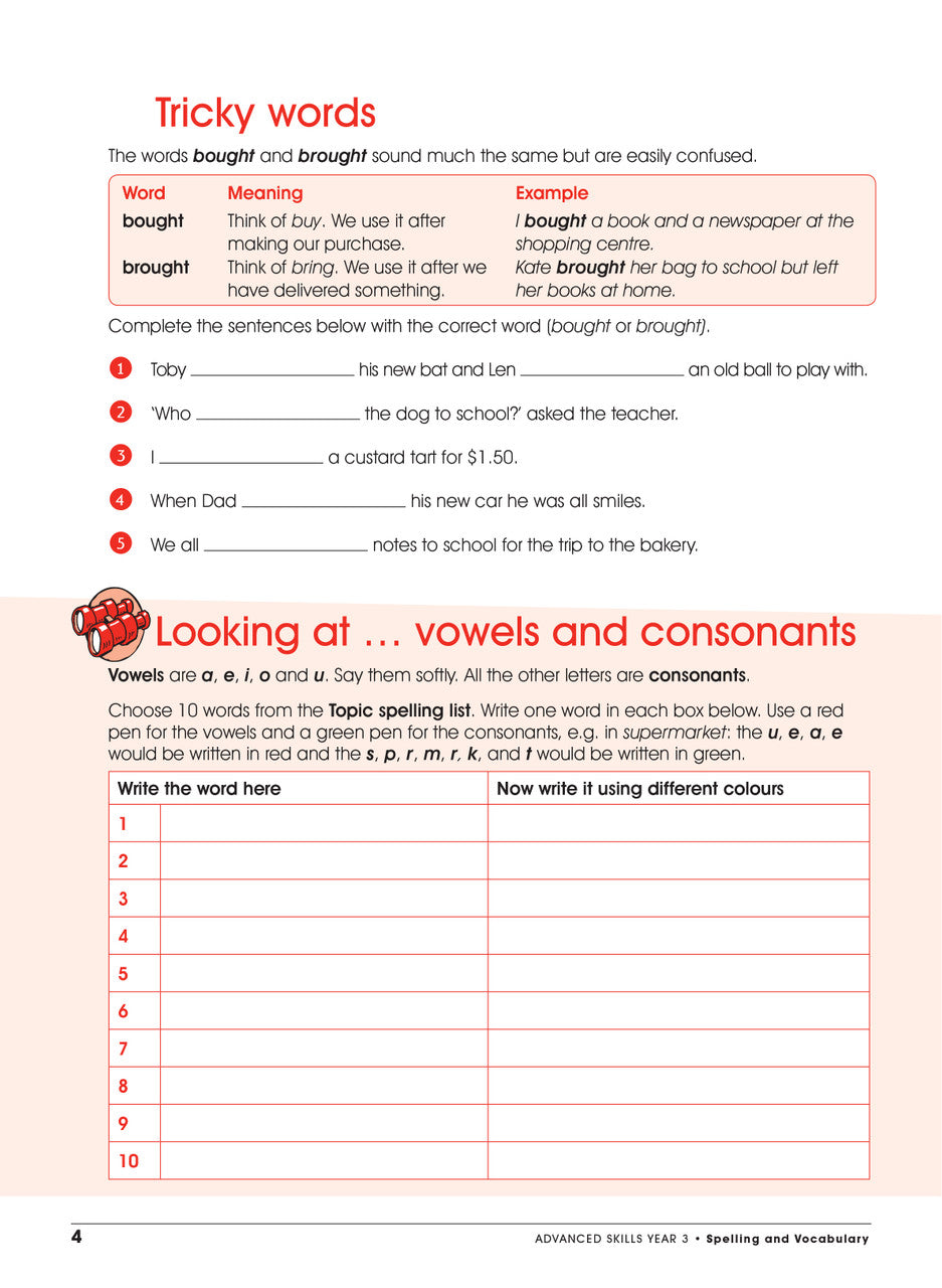Sample interior page from Excel Advanced Skills Spelling and Vocabulary Workbook Year 3 showing practice activities and exercises for students