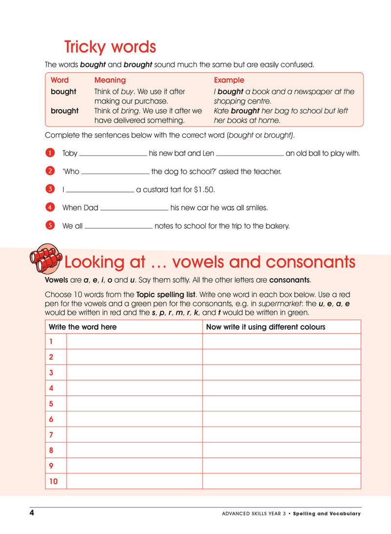 Sample interior page from Excel Advanced Skills Spelling and Vocabulary Workbook Year 3 showing practice activities and exercises for students