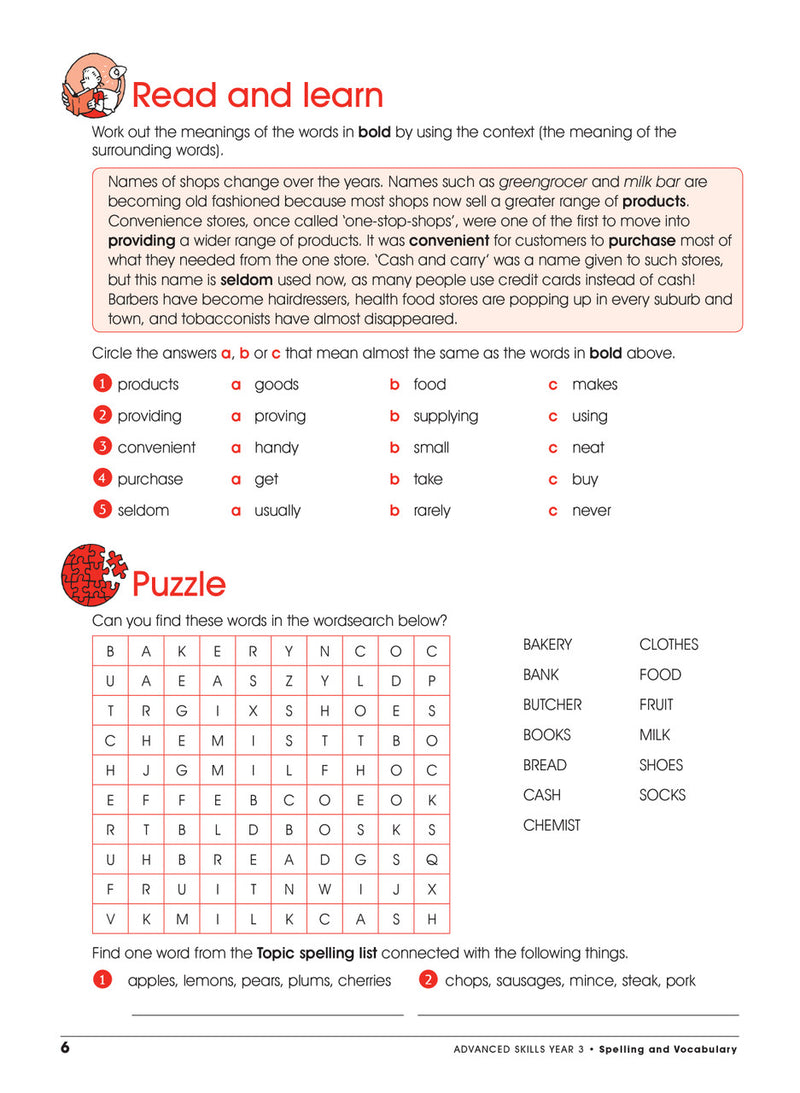 Sample interior page from Excel Advanced Skills Spelling and Vocabulary Workbook Year 3 showing practice activities and exercises for students