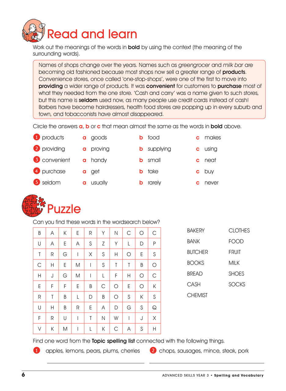 Sample interior page from Excel Advanced Skills Spelling and Vocabulary Workbook Year 3 showing practice activities and exercises for students