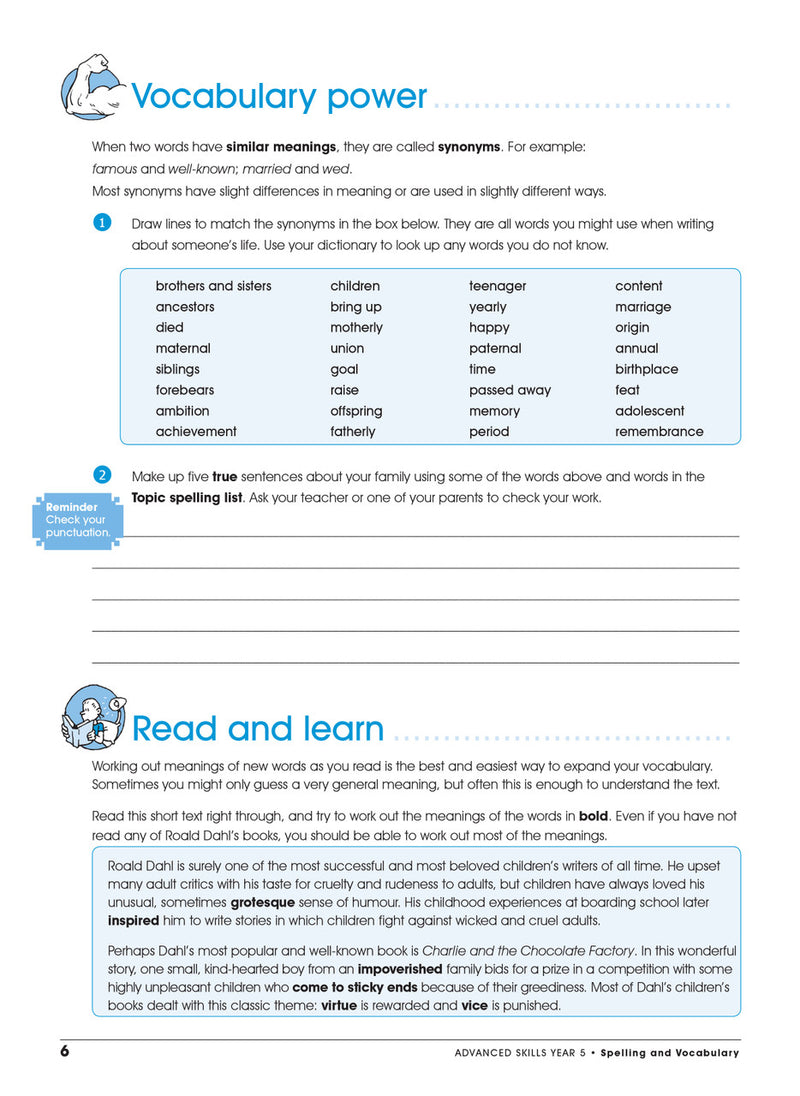 Sample interior page from the Excel Advanced Skills Spelling and Vocabulary Year 5 workbook showing the layout of the activities
