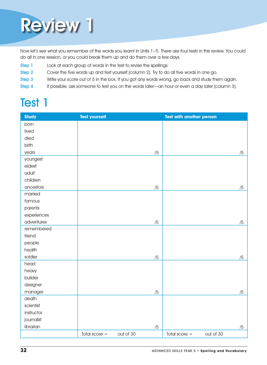 Sample interior page from the Excel Advanced Skills Spelling and Vocabulary Year 5 workbook showing the layout of the activities