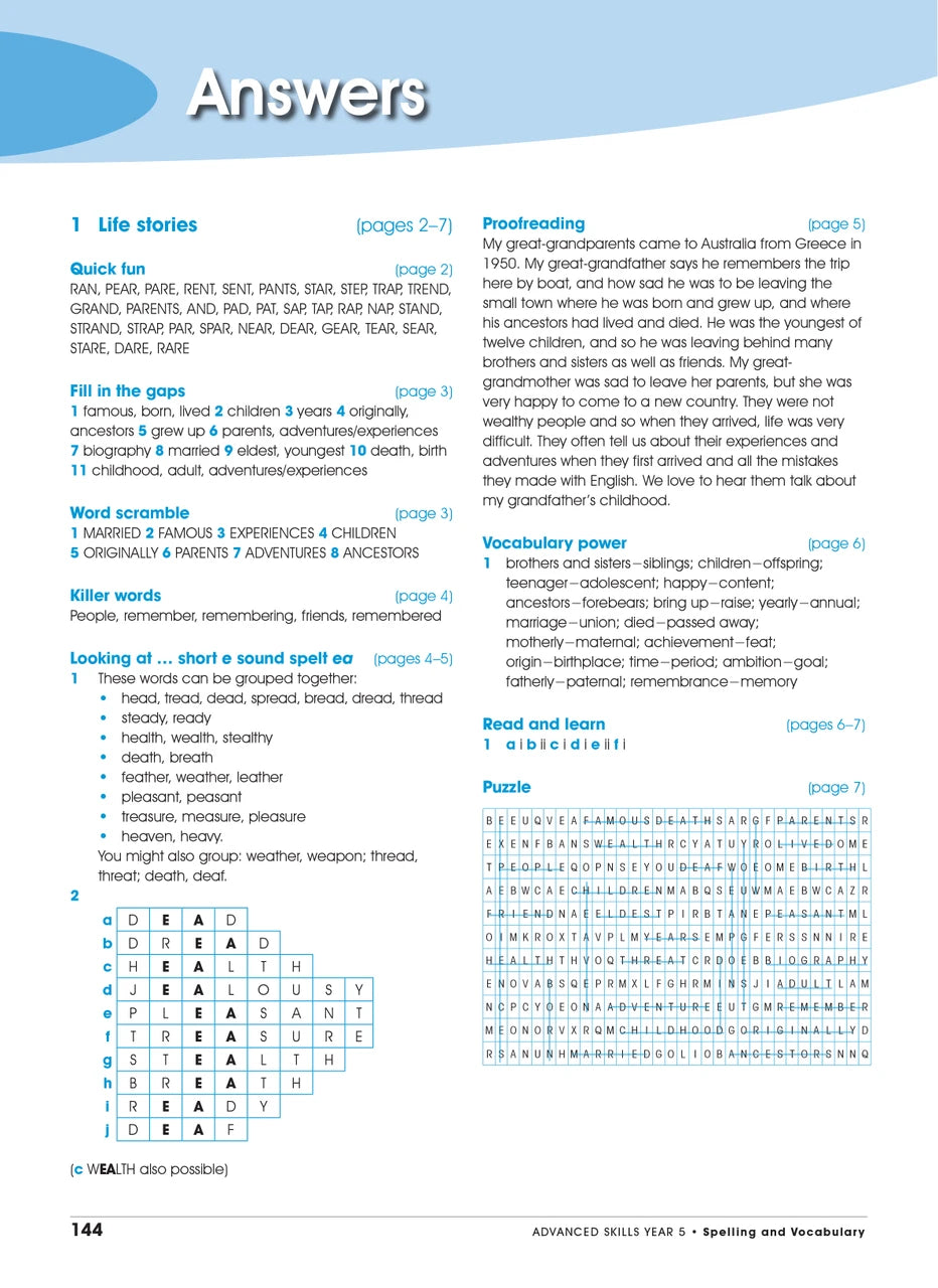 Sample interior page from the Excel Advanced Skills Spelling and Vocabulary Year 5 workbook showing the layout of the activities