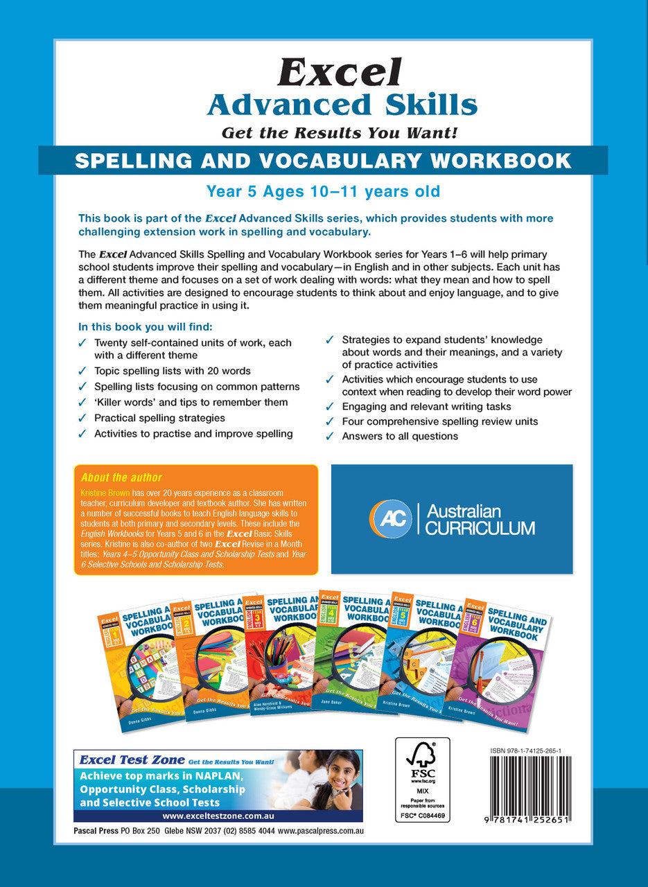 Back cover of the Excel Advanced Skills Spelling and Vocabulary Year 5 workbook as shown in the Pascal Press product gallery