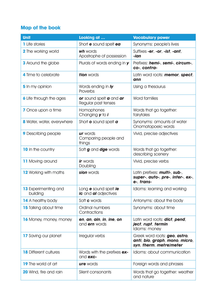 Inside front cover of the Excel Advanced Skills Spelling and Vocabulary Year 5 workbook as shown in the Pascal Press product gallery