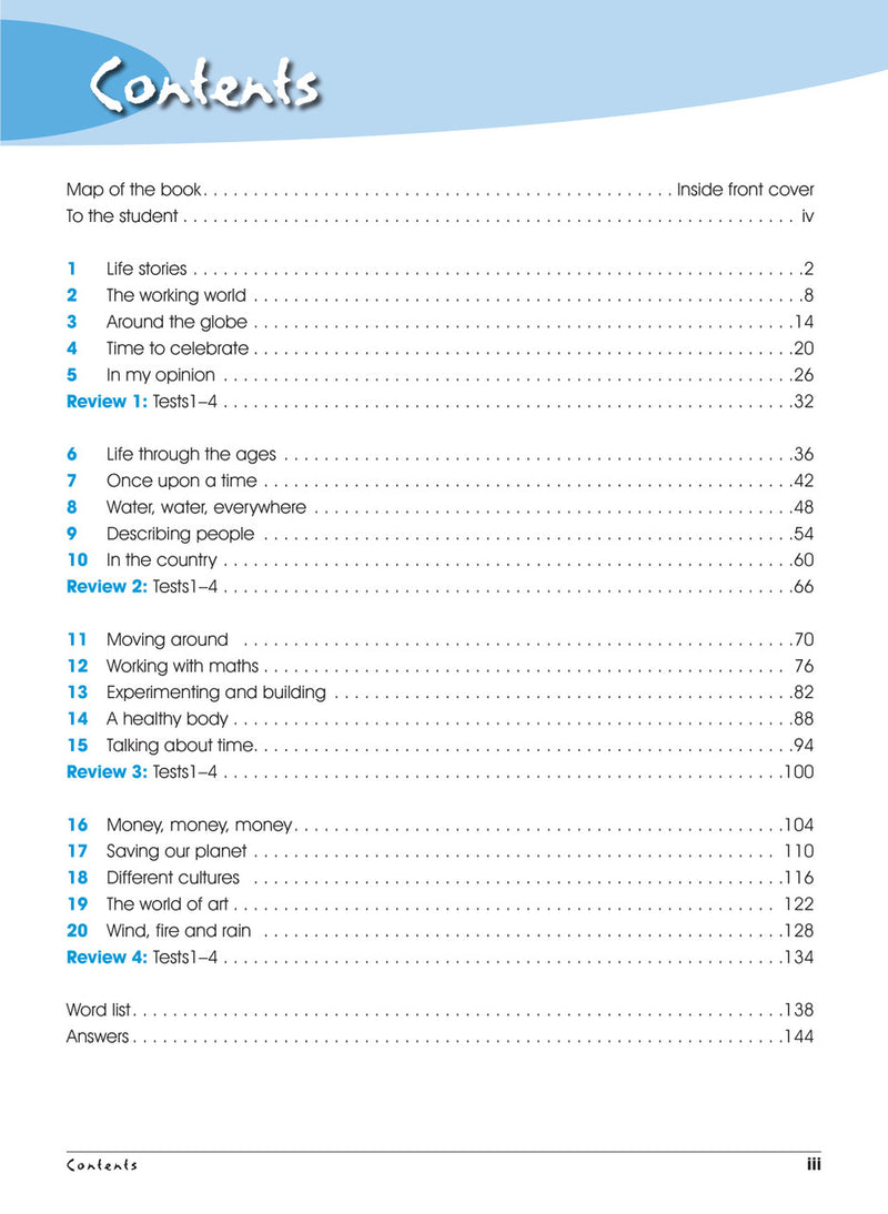 Contents page from the Excel Advanced Skills Spelling and Vocabulary Year 5 workbook listing the units and sections inside