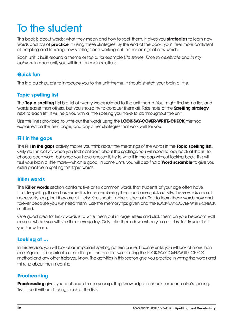 Sample interior page from the Excel Advanced Skills Spelling and Vocabulary Year 5 workbook showing the layout of the activities