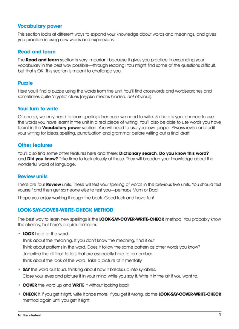 Sample interior page from the Excel Advanced Skills Spelling and Vocabulary Year 5 workbook showing the layout of the activities