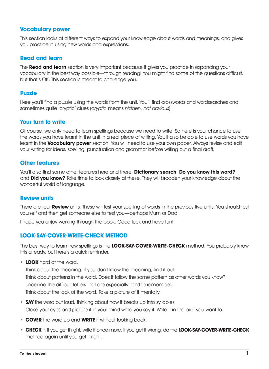 Sample interior page from the Excel Advanced Skills Spelling and Vocabulary Year 5 workbook showing the layout of the activities