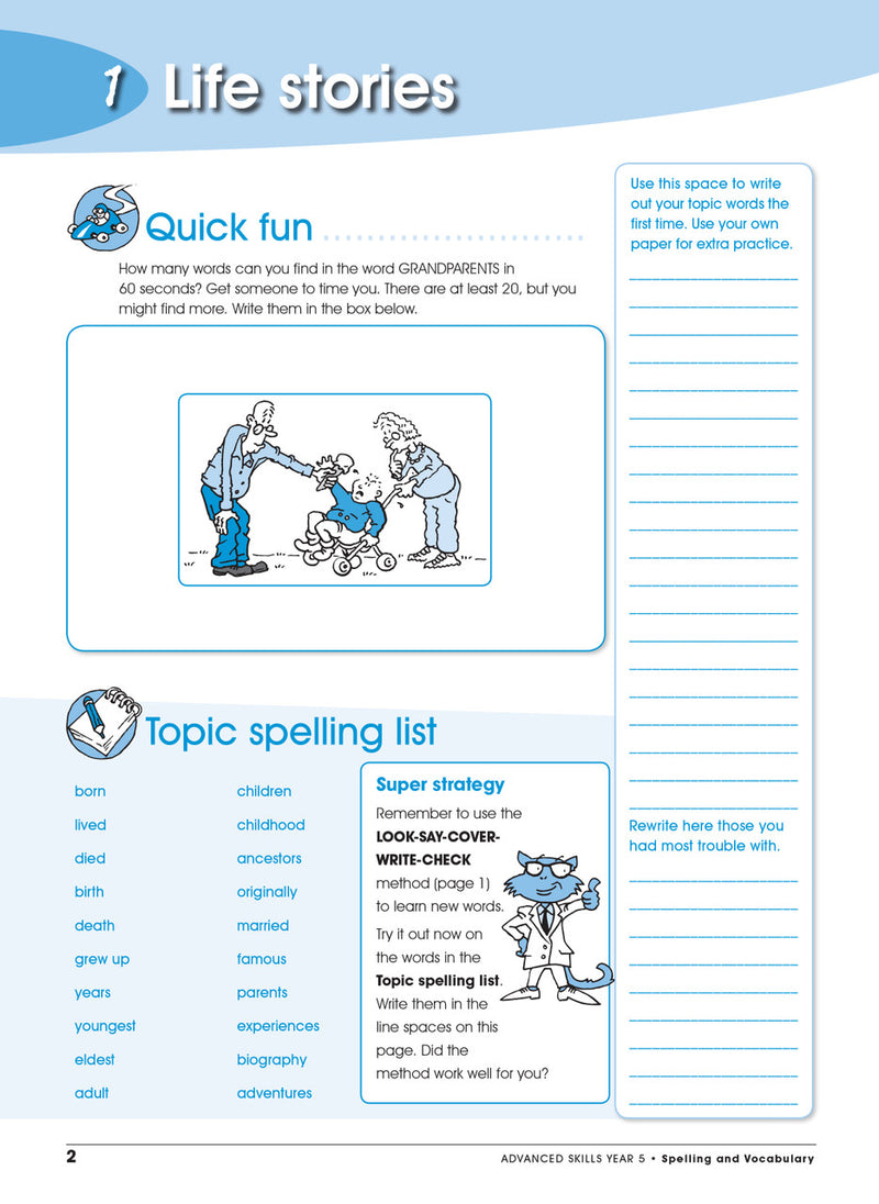 Sample interior page from the Excel Advanced Skills Spelling and Vocabulary Year 5 workbook showing the layout of the activities
