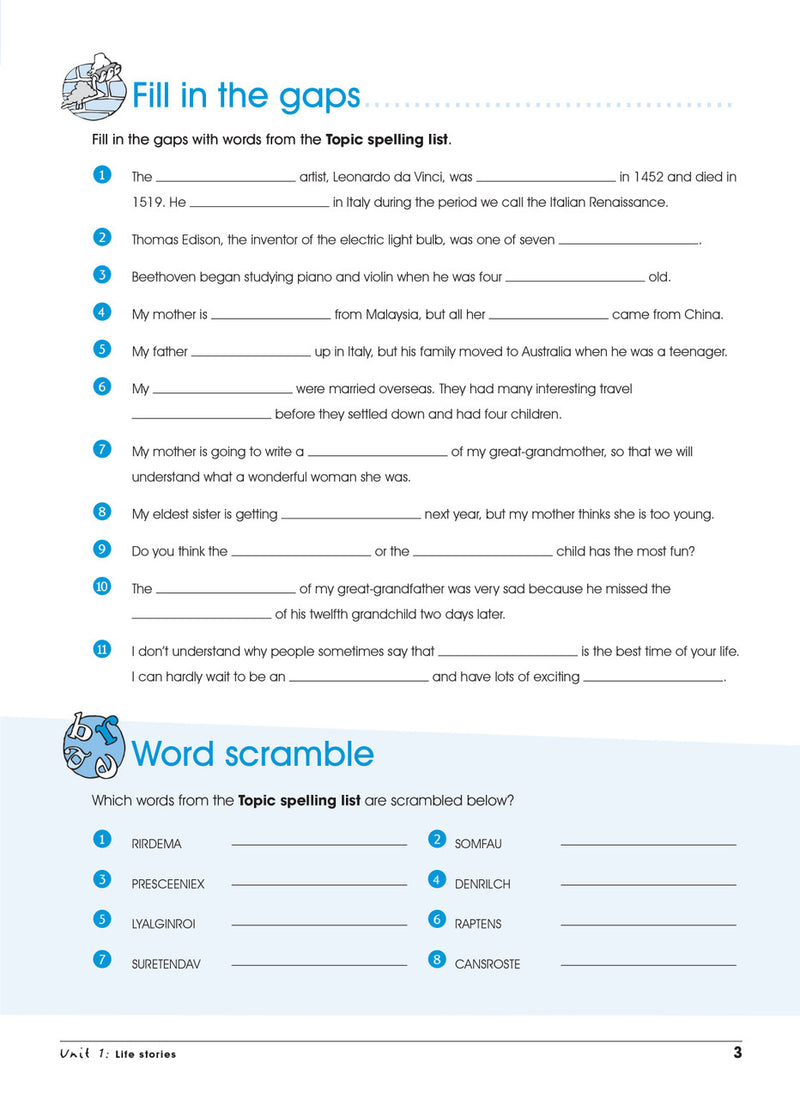 Sample interior page from the Excel Advanced Skills Spelling and Vocabulary Year 5 workbook showing the layout of the activities