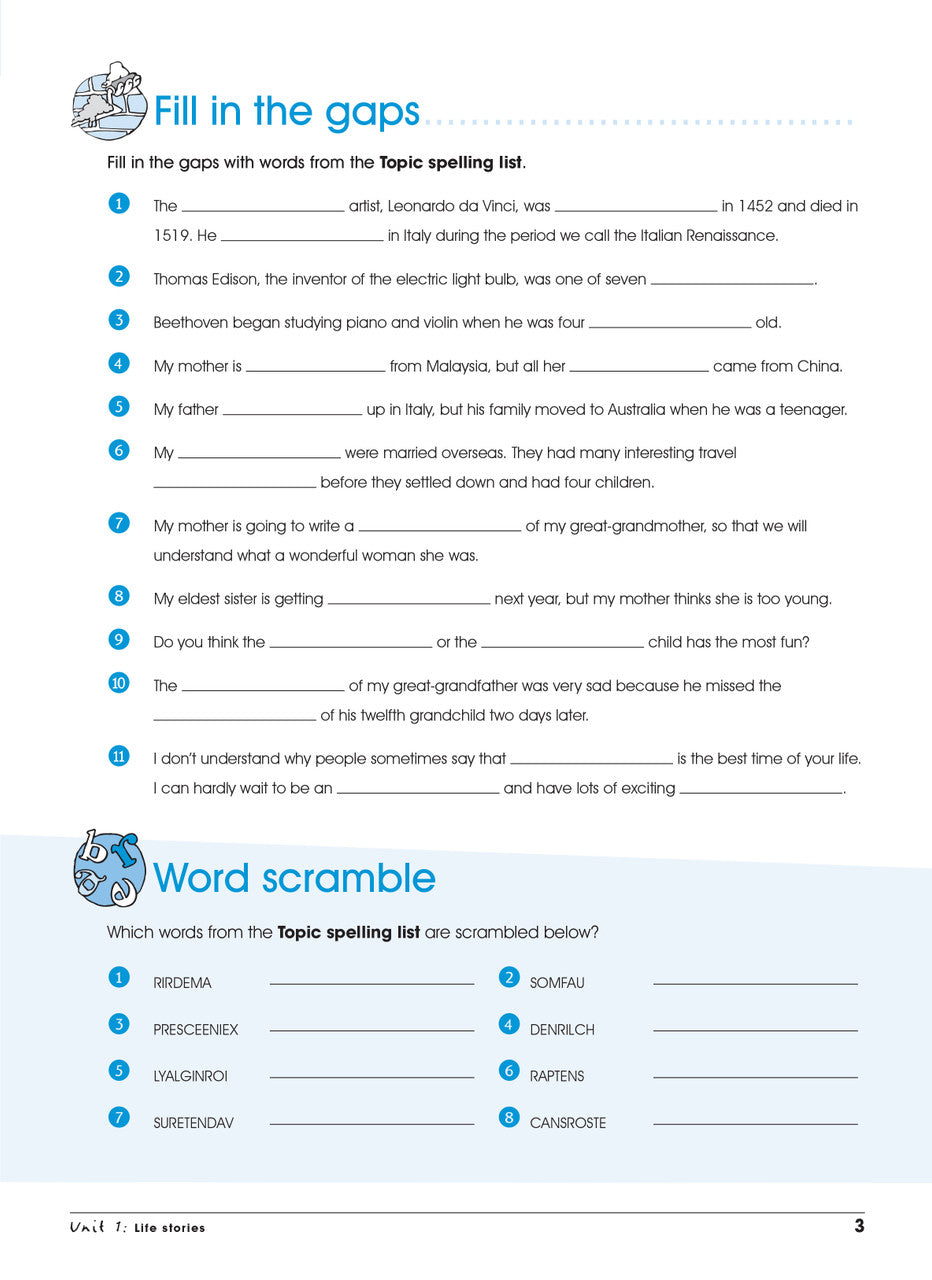 Sample interior page from the Excel Advanced Skills Spelling and Vocabulary Year 5 workbook showing the layout of the activities