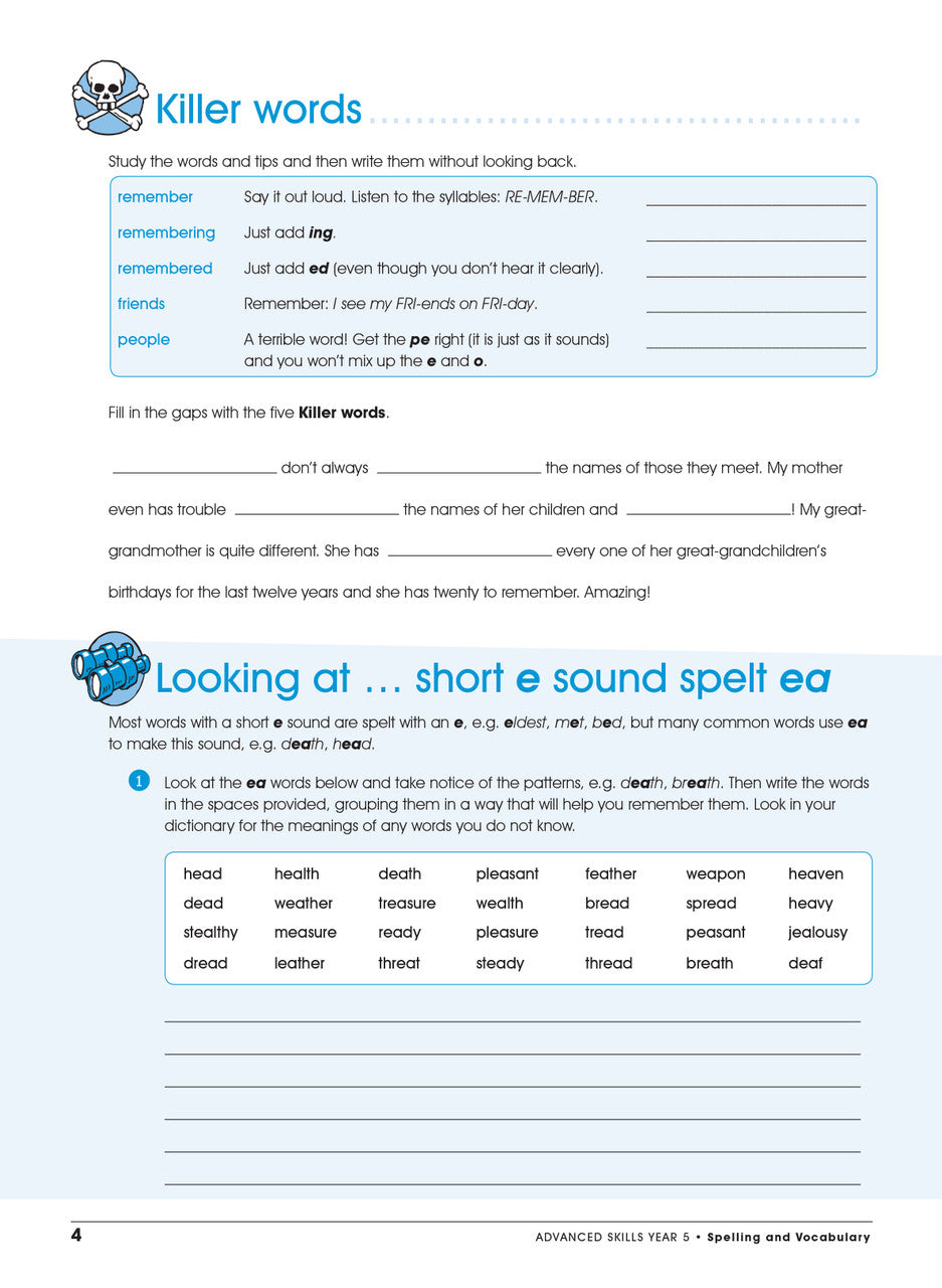 Sample interior page from the Excel Advanced Skills Spelling and Vocabulary Year 5 workbook showing the layout of the activities