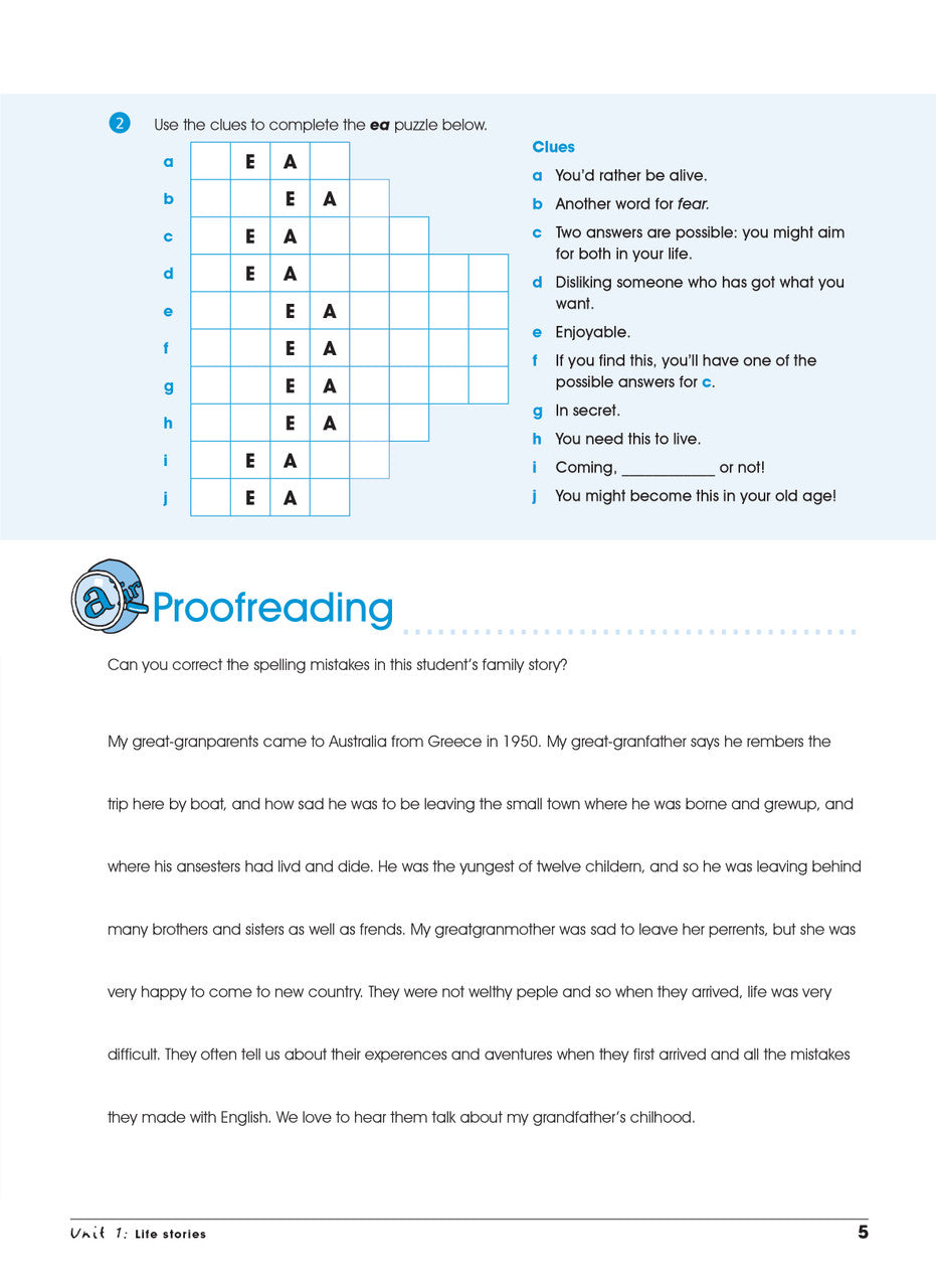 Sample interior page from the Excel Advanced Skills Spelling and Vocabulary Year 5 workbook showing the layout of the activities