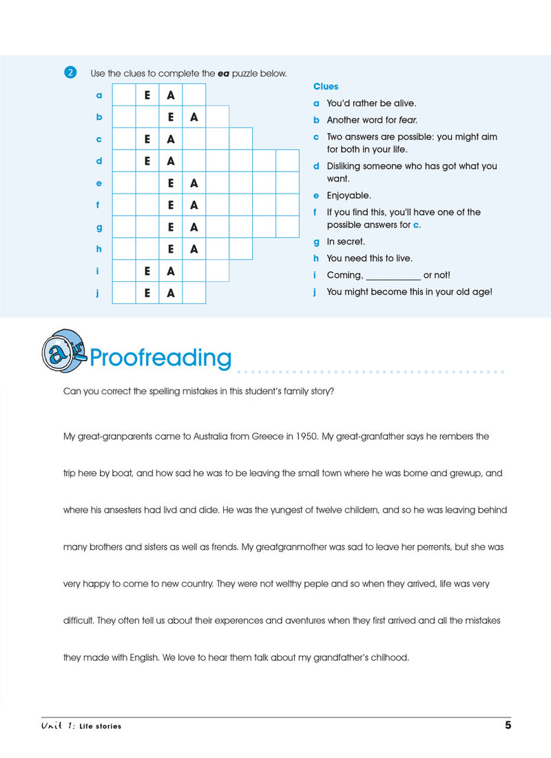 Sample interior page from the Excel Advanced Skills Spelling and Vocabulary Year 5 workbook showing the layout of the activities
