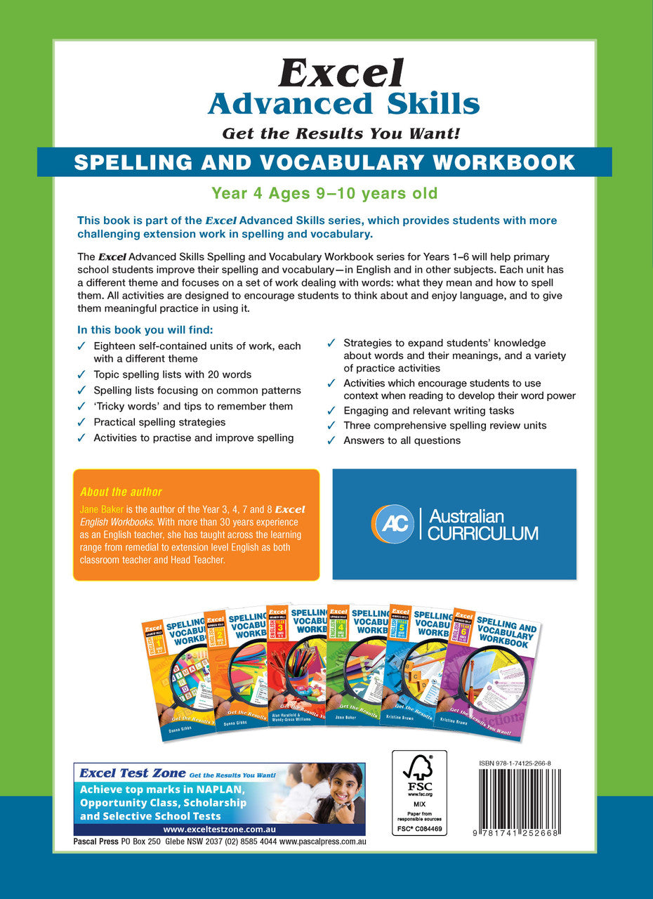 Back cover of Excel Advanced Skills Spelling and Vocabulary Workbook Year 4 showing the publisher's summary of the book and the Excel Advanced Skills series