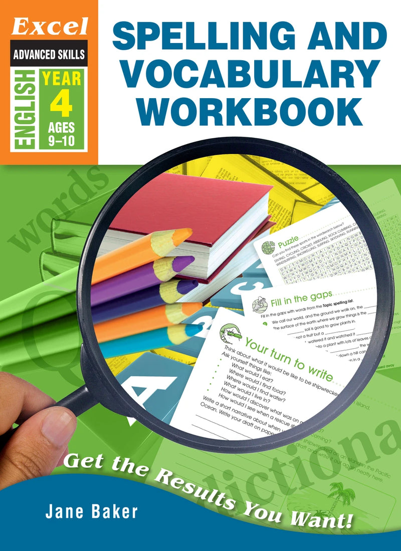 Front cover of Excel Advanced Skills Spelling and Vocabulary Workbook Year 4, a Pascal Press Excel Advanced Skills paperback English workbook for primary students