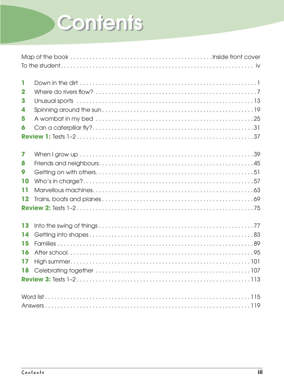 Contents page from Excel Advanced Skills Spelling and Vocabulary Workbook Year 4 listing the units and sections of the workbook