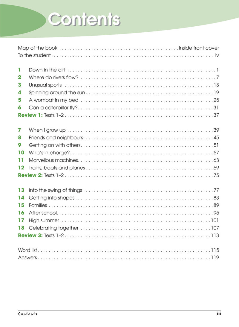 Contents page from Excel Advanced Skills Spelling and Vocabulary Workbook Year 4 listing the units and sections of the workbook