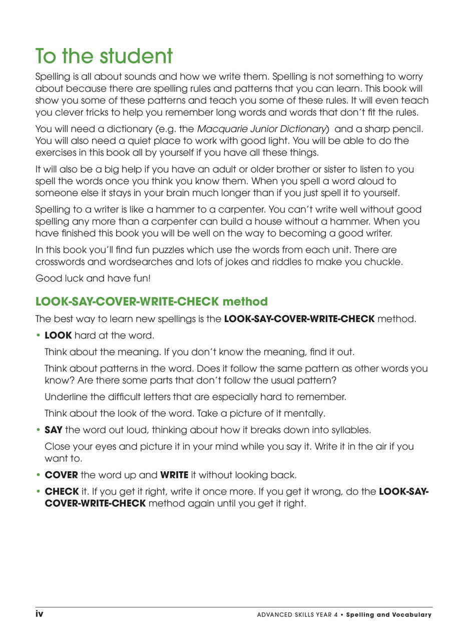 Sample interior page from Excel Advanced Skills Spelling and Vocabulary Workbook Year 4 showing practice activities and exercises for students