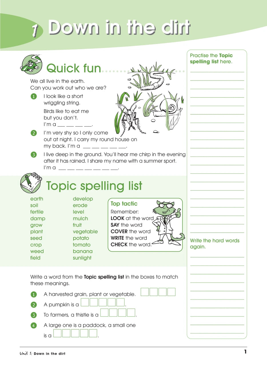 Sample interior page from Excel Advanced Skills Spelling and Vocabulary Workbook Year 4 showing practice activities and exercises for students