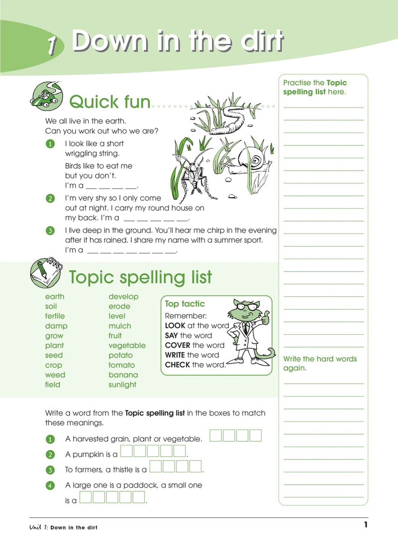Sample interior page from Excel Advanced Skills Spelling and Vocabulary Workbook Year 4 showing practice activities and exercises for students