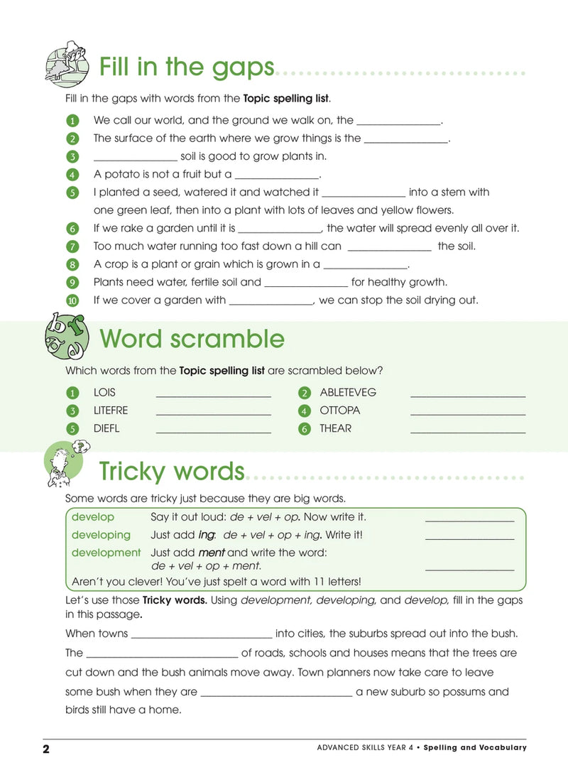 Sample interior page from Excel Advanced Skills Spelling and Vocabulary Workbook Year 4 showing practice activities and exercises for students