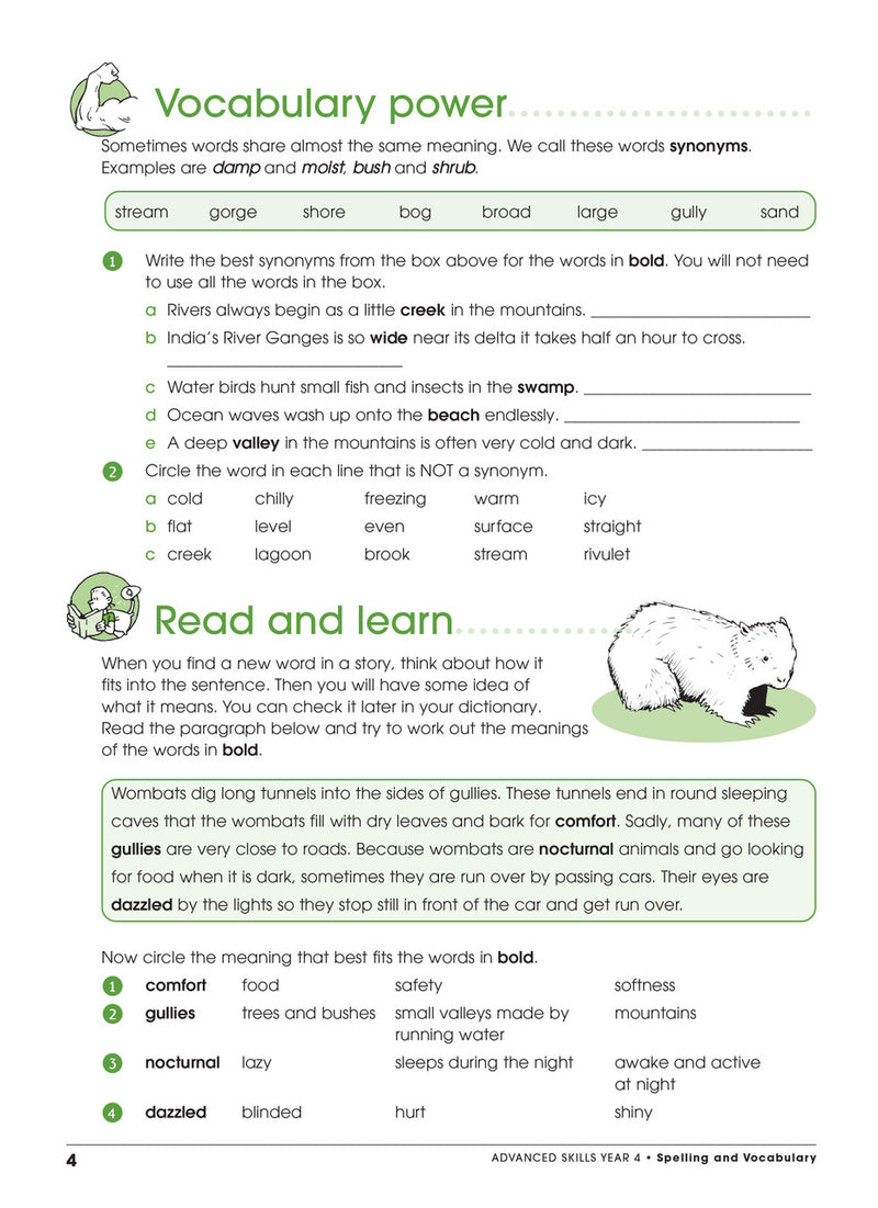 Sample interior page from Excel Advanced Skills Spelling and Vocabulary Workbook Year 4 showing practice activities and exercises for students