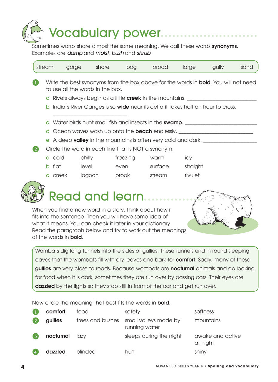 Sample interior page from Excel Advanced Skills Spelling and Vocabulary Workbook Year 4 showing practice activities and exercises for students