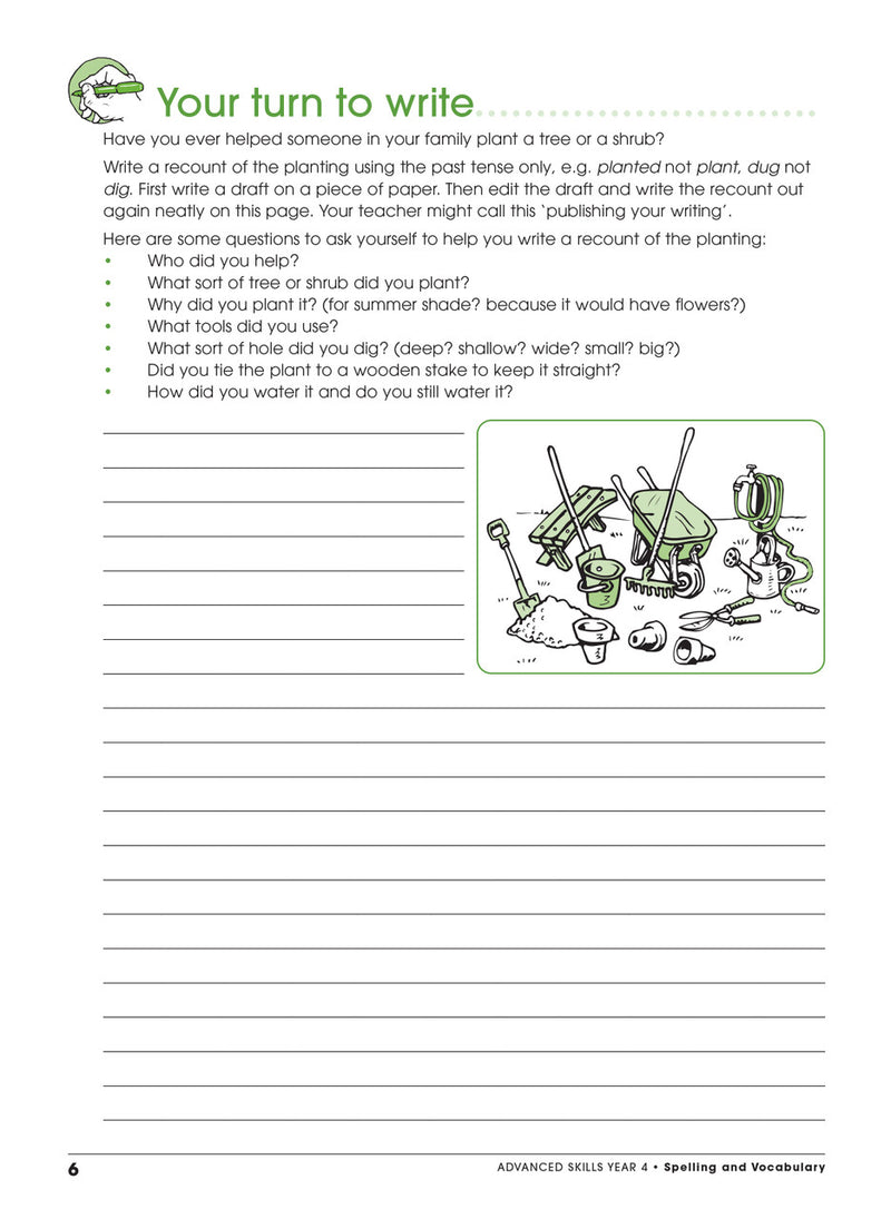 Sample interior page from Excel Advanced Skills Spelling and Vocabulary Workbook Year 4 showing practice activities and exercises for students