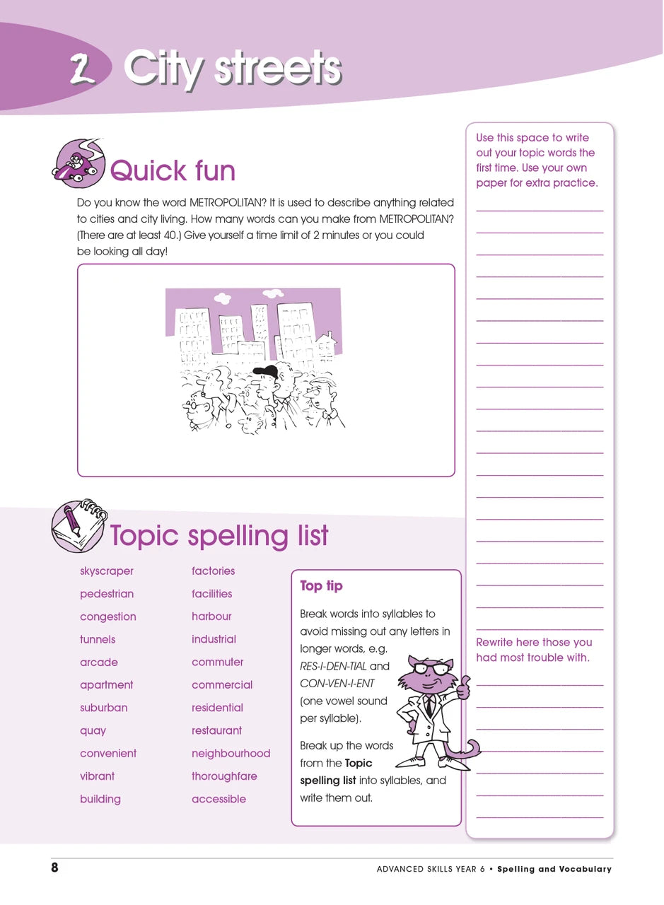 Sample interior page from the Excel Advanced Skills Spelling and Vocabulary Year 6 workbook showing the layout of the activities