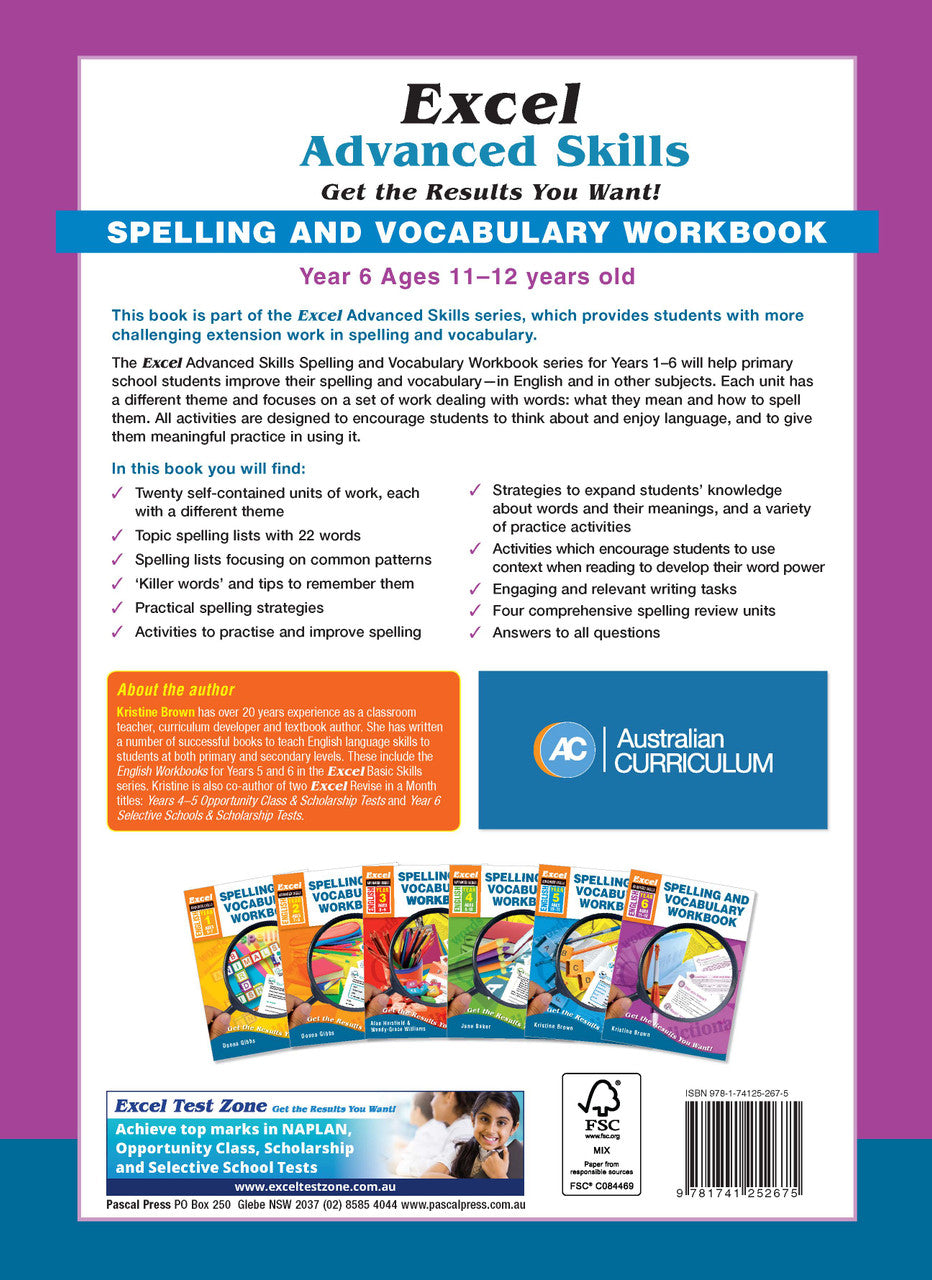Back cover of the Excel Advanced Skills Spelling and Vocabulary Year 6 workbook as shown in the Pascal Press product gallery