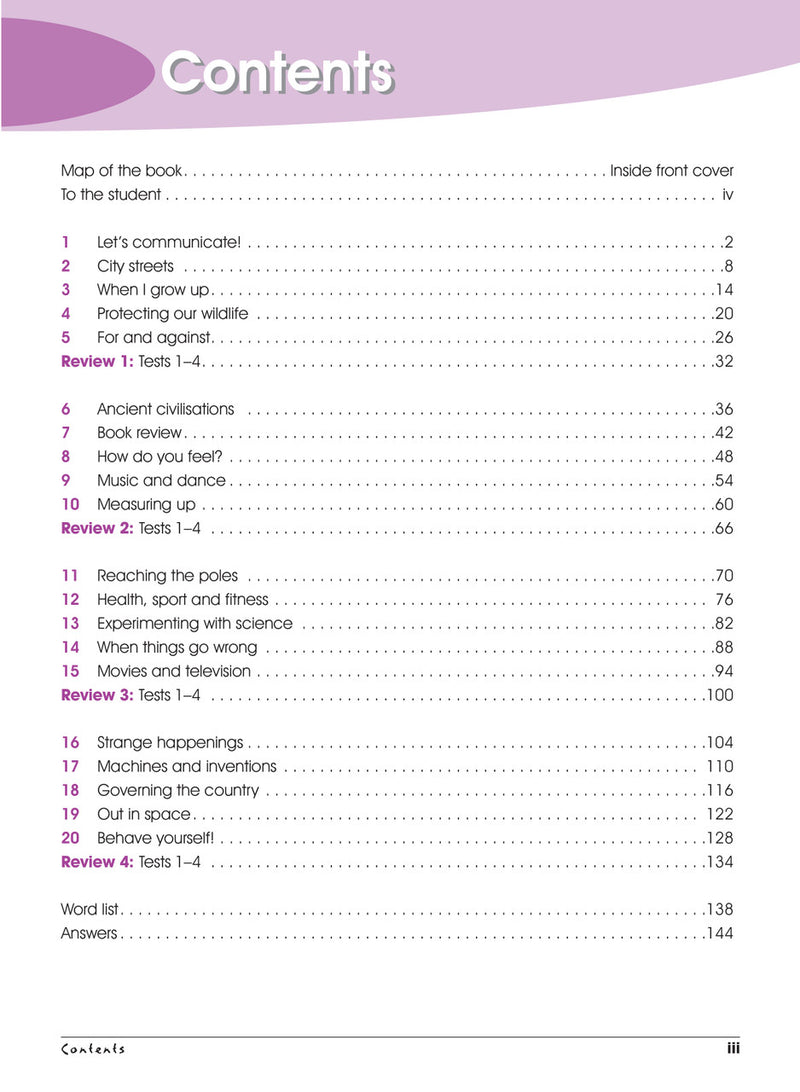 Contents page from the Excel Advanced Skills Spelling and Vocabulary Year 6 workbook listing the units and sections inside