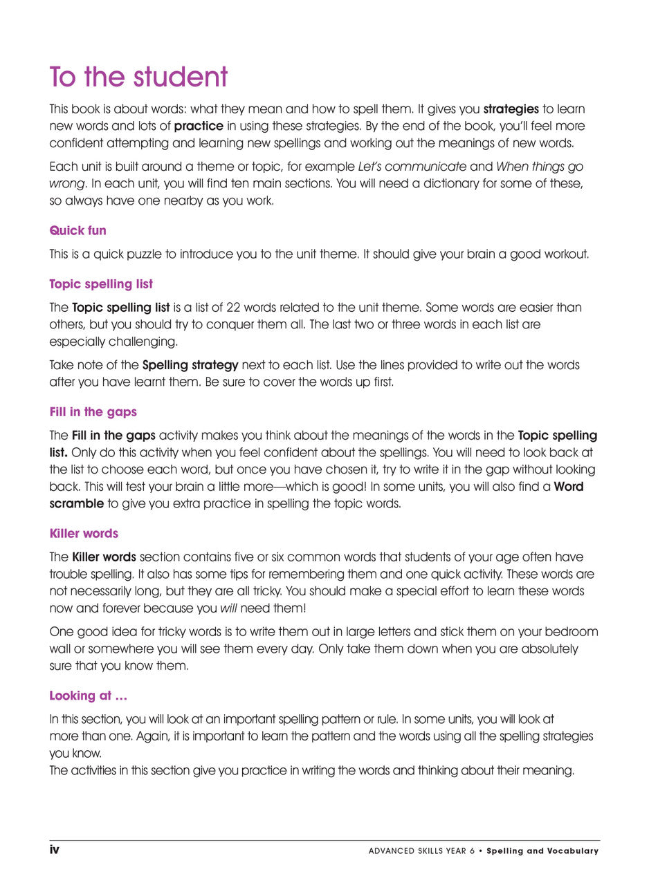 Contents page from the Excel Advanced Skills Spelling and Vocabulary Year 6 workbook listing the units and sections inside